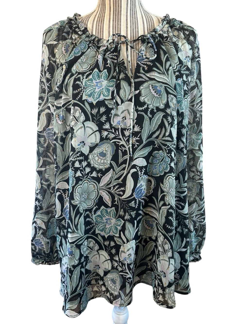 Lane Bryant Peasant Blouse 18/20 Black Teal Green Blue Floral Gold Metallic Ties